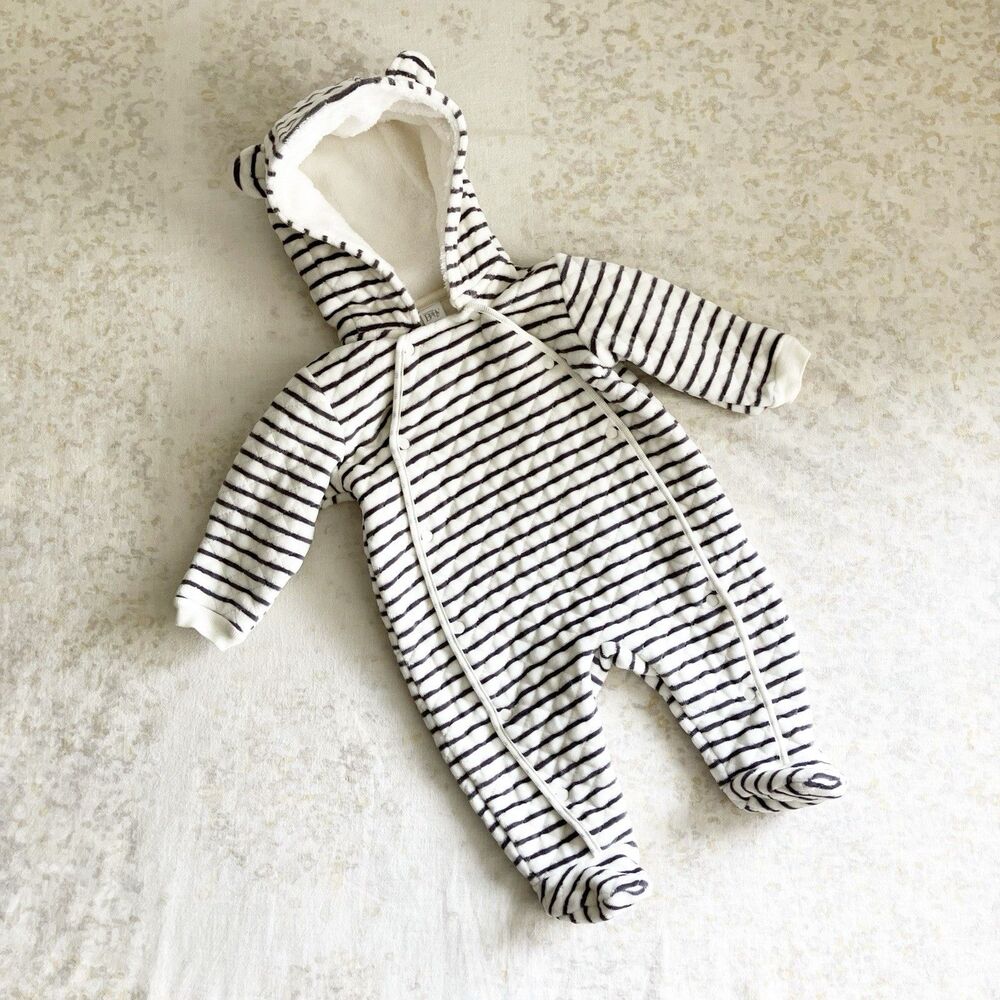 Nordstrom Baby Bunting Snowsuit 6M Quilted Velour Striped Bear Ears Unisex